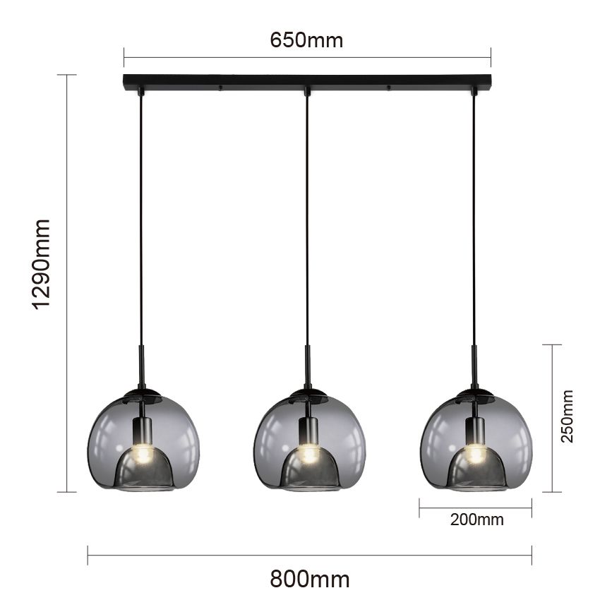 3 Lights Smoke Glass Pendant Lamp