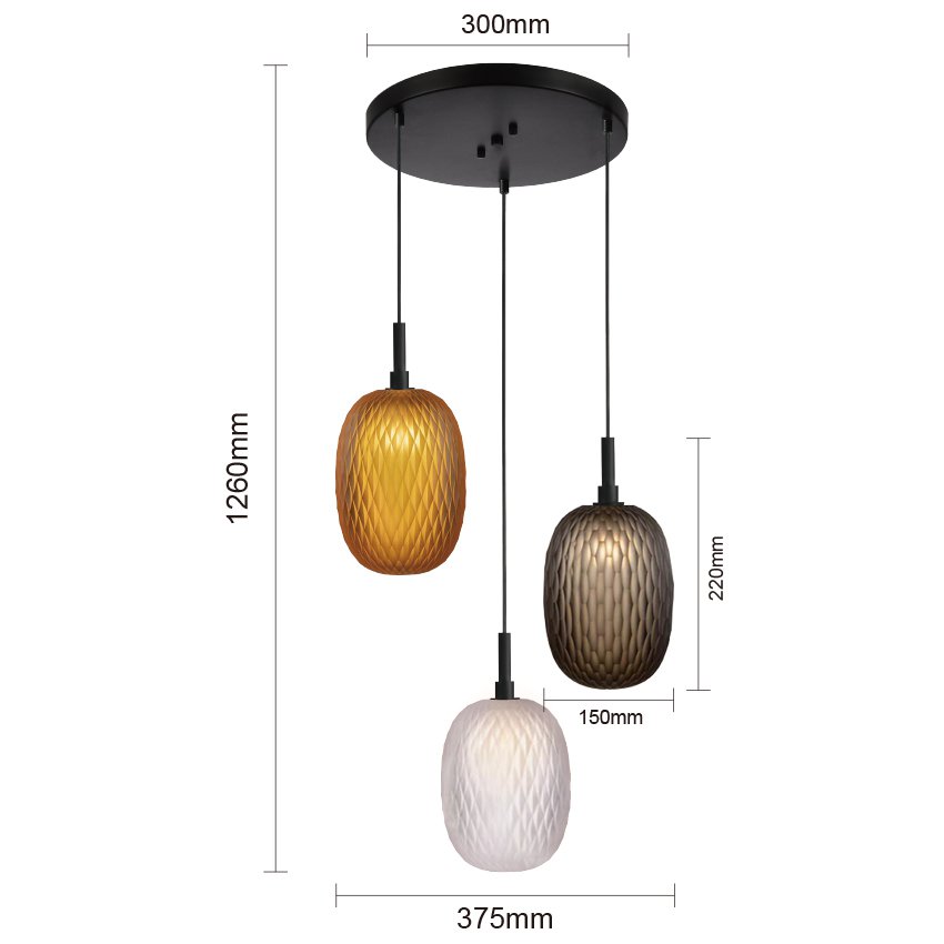 3 Lights Mix Color Round Base Glass Pendant Lamp