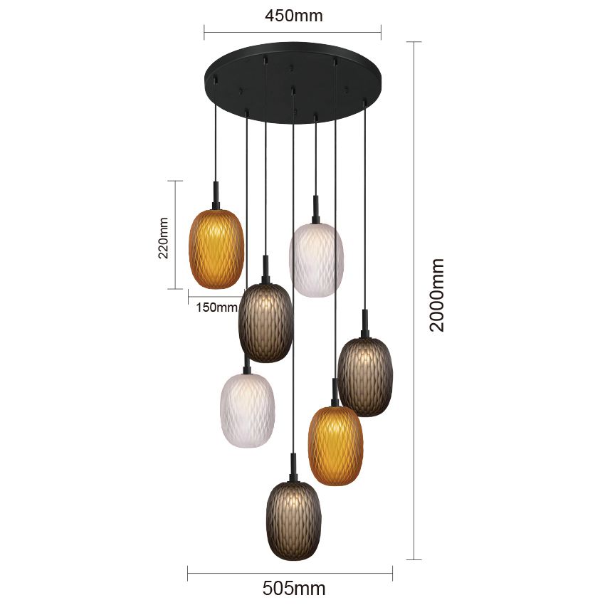 Lámpara colgante de cristal de bola redonda multicaída 7LT