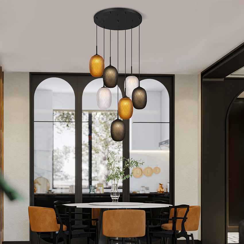 7LT Multi Drop Round Ball Glass Pendant Light