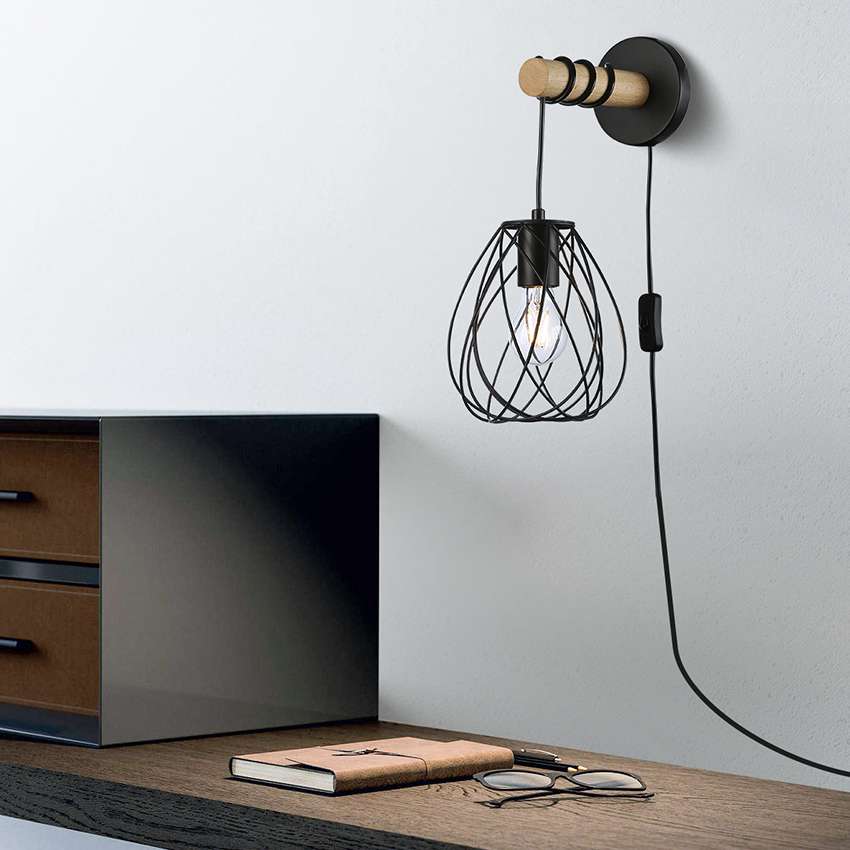 1 Light Natural Wood Arm Wall Lamp in Matt black