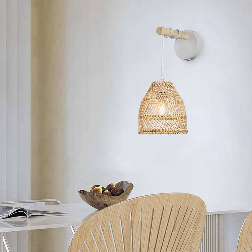 1 Light Wooden Arm Rattan Shade Wall Lamp