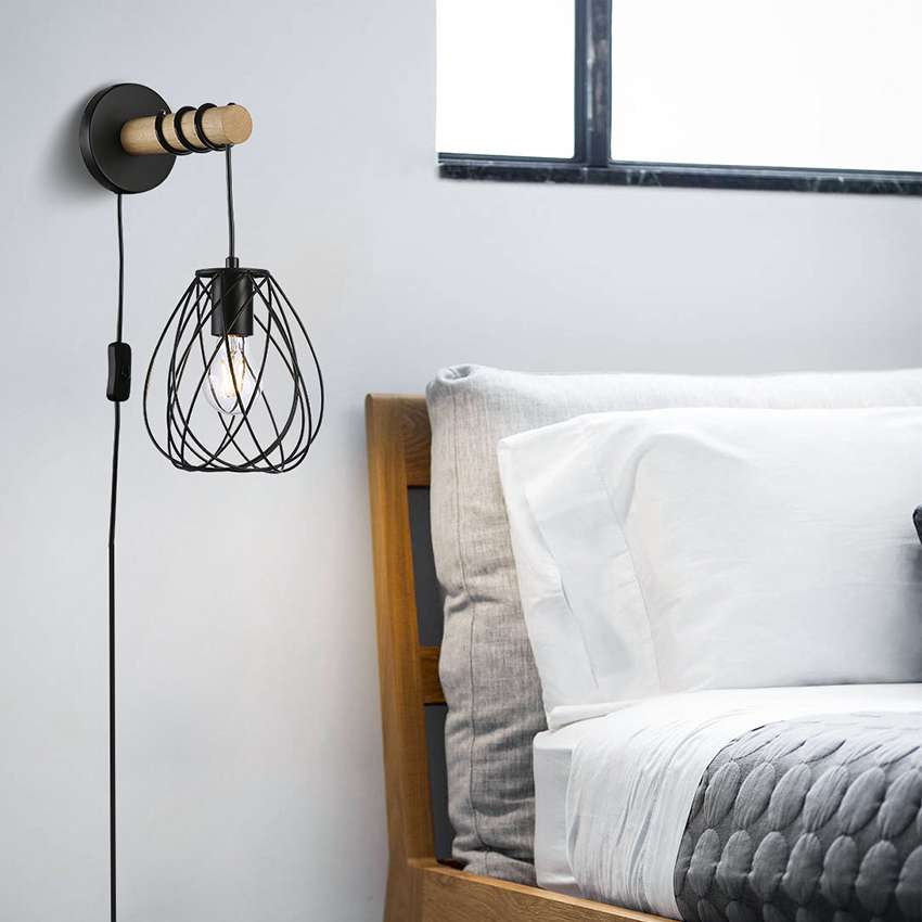 1 light natural wood arm wall lamp in matt black 1 1